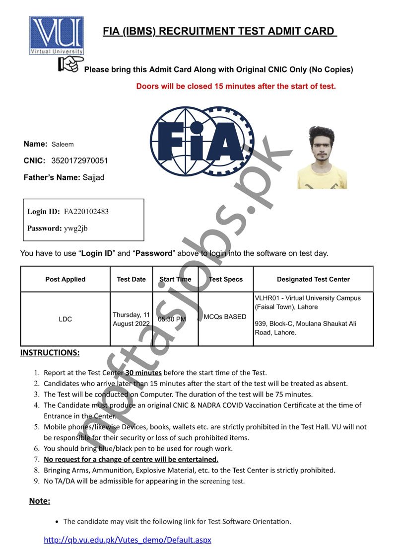 FIA Roll No Slip 2026 Written Test Date