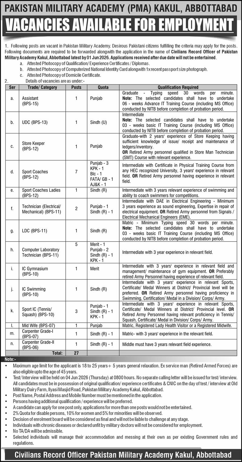 PMA Kakul Jobs 2026 Advertisement
